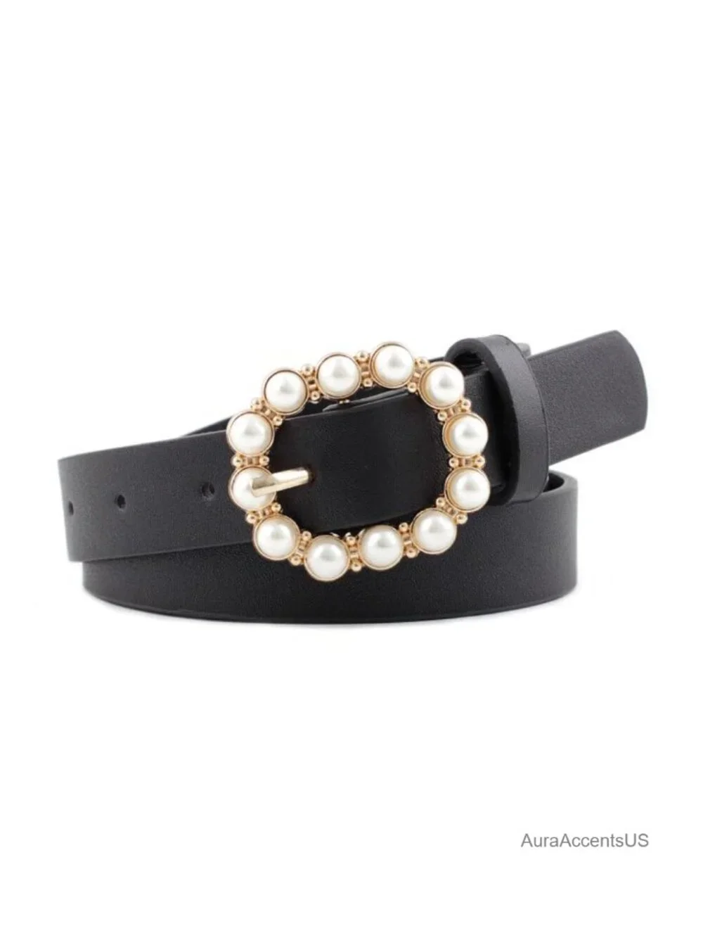 Pearl Buckle Skinny Belt Faux Leather Adjustable Women's